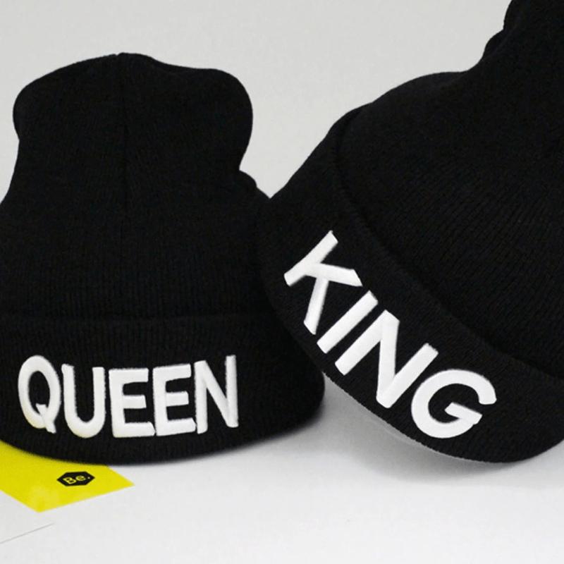 2pcs Black Unisex Knitted Hat With 'queen' And 'king' Embroidery, Ear Protection, Winter Street