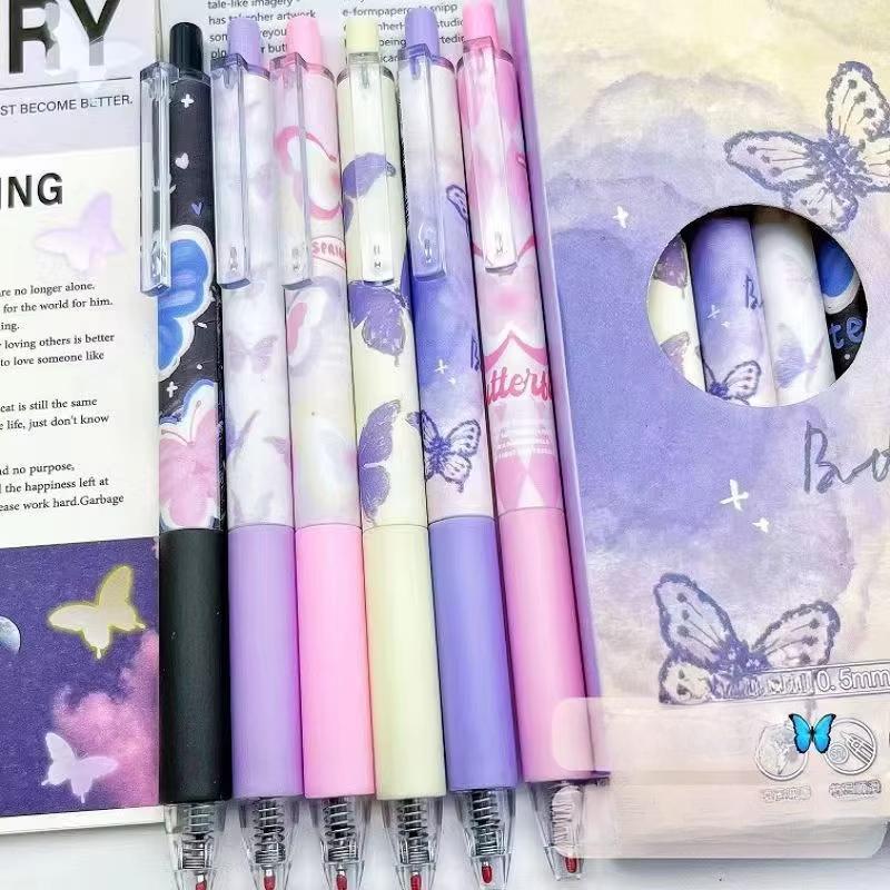 6Pcs Cute Butterfly Gel Pens Aesthetic Stationary Pens Kawaii Pen Stationery0.5 Mm Quick-drying Black Ink Pens Fine Point