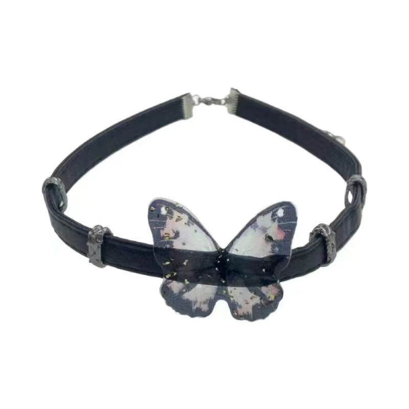 Sweet cool personality babes rivet black leather butterfly choker collar subculture punk necklace collarbone chain tide