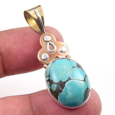 Natural Tibetan Turquoise Gemstone 925 Solid Silver Two Tone Pendant 1.75'' I7h44