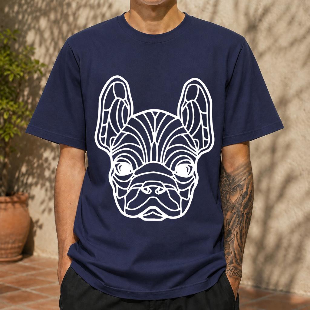 2026 Neues reines Baumwoll-T-Shirt mit geometrischem französischen Bulldoggenkopf-Aufdruck Unisex Einfaches Rundhals-Oberteil Lässiges Kurzarm