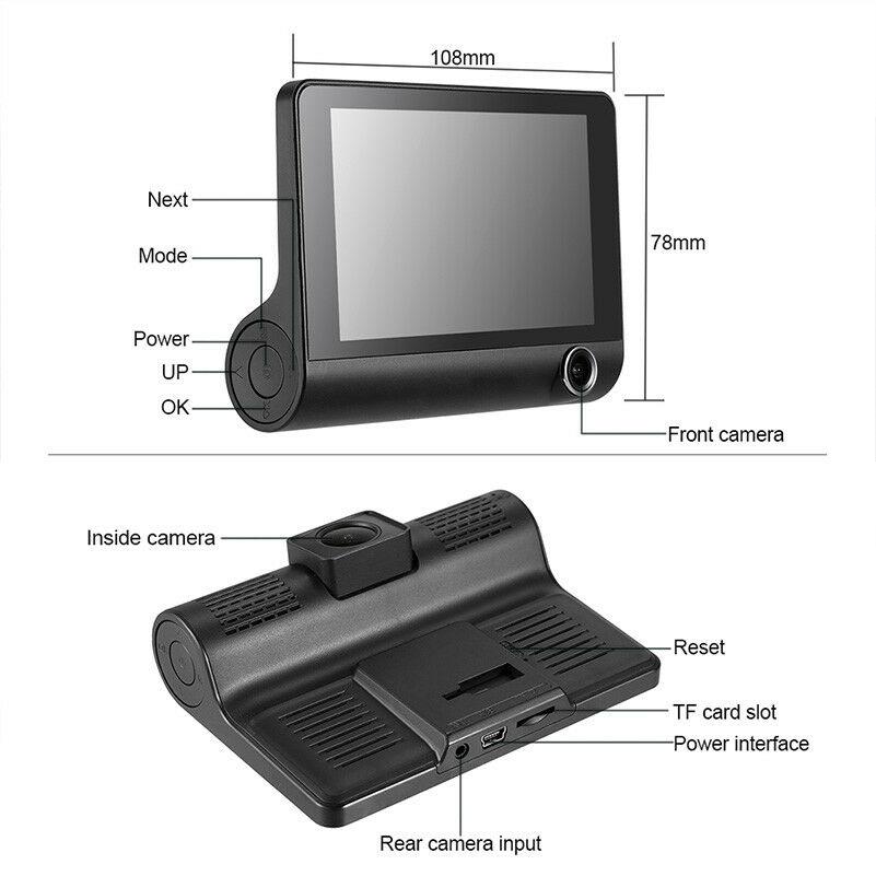 3 in 1 Car Dvr 170 Degree 1080p Hd Dash Cam Dual Lens Dashcam With Rear View Camera Car Front Back Inside Video Recorder 4 Inch