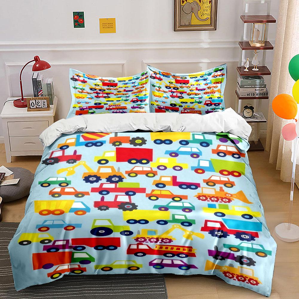 Colorful Vehicle Pattern Decor Set Bedding Set with 1 Duvet Cover 2 Pillowcases Single Double King Queen, Gift