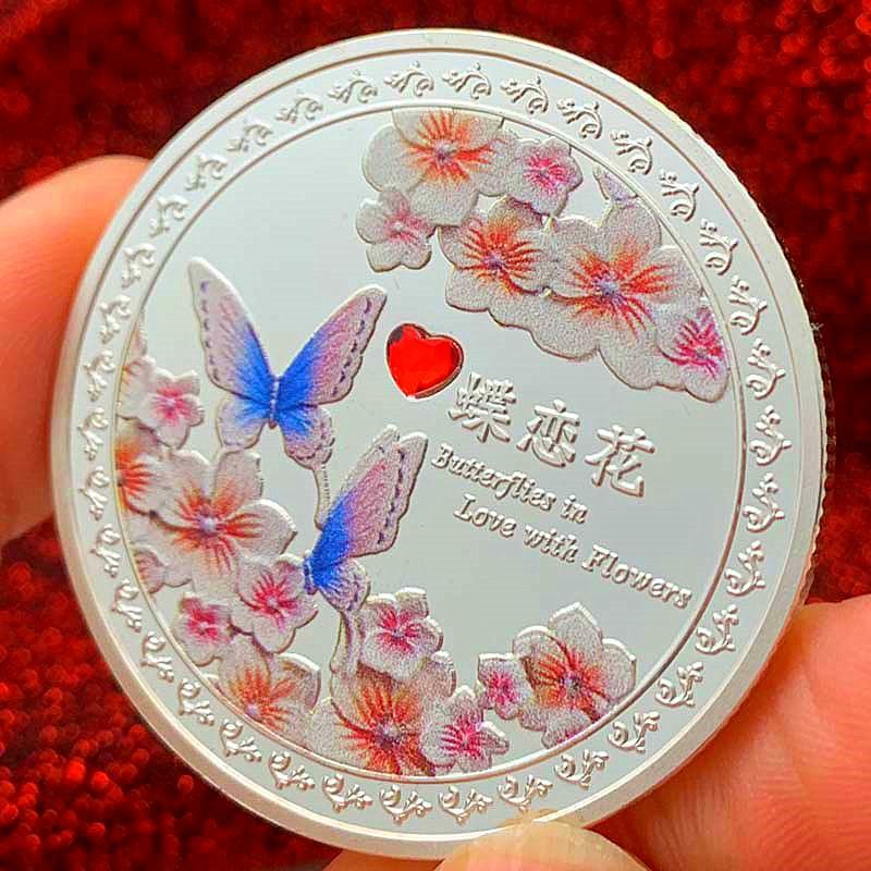 

Mandarin Ducks, Love Butterflies, Color Printed Gold Plated, Diamond Set, Heart shaped Coins, Love Words, Valentine s Day Commemorative Coins