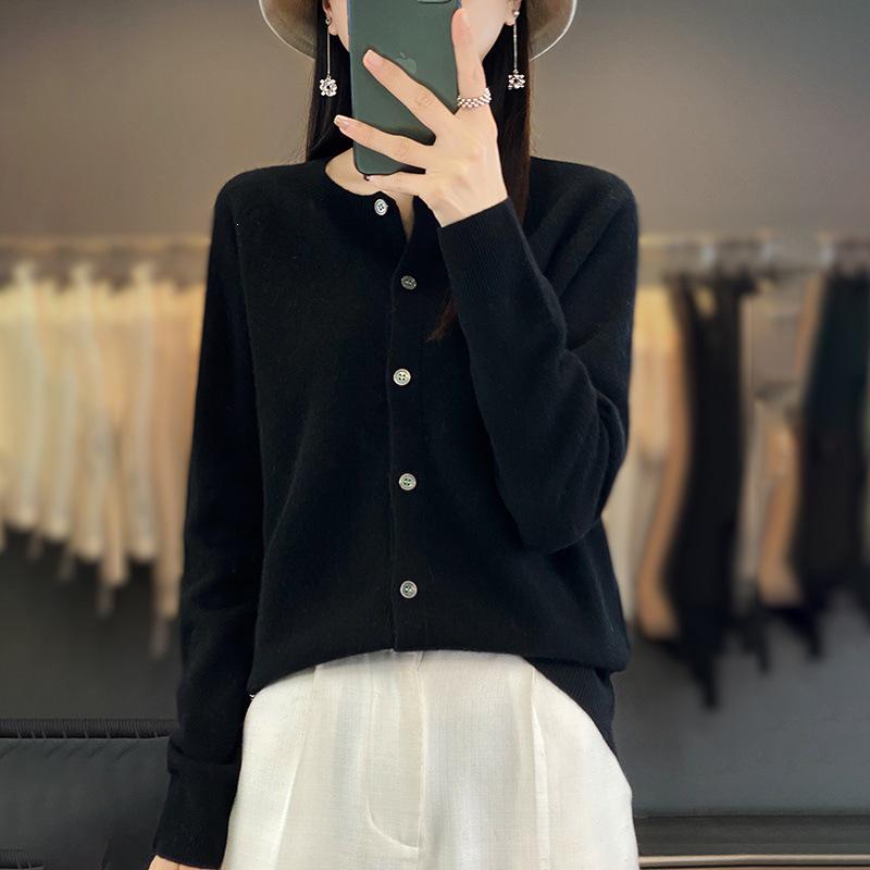 Women's Osmanthus Stitch Wool Cardigan - Round Neck, Loose Fit, Button-Up, Casual Knitwear Outerwear