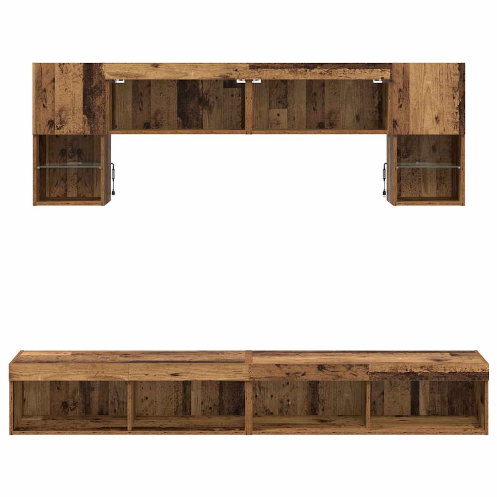 TV Wall Unit with LED 6 pcs Reclaimed Wood Composite