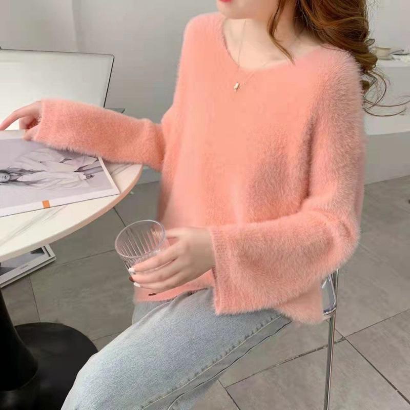 Women's Fluffy Mink Velvet V-neck Sweater: Japanese & Korean Style, Fashionable, Versatile, Loose Fit for Autumn/Winter