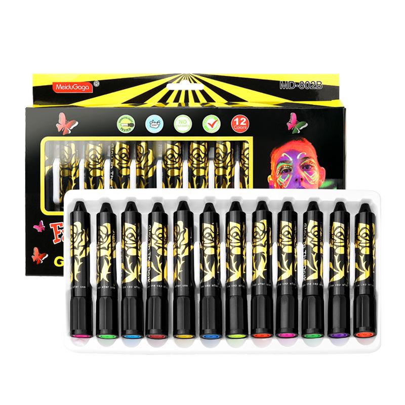 Luminous 12-Color Twist-Up Face Paint Crayon Set for Clean Hands and Halloween Body Art