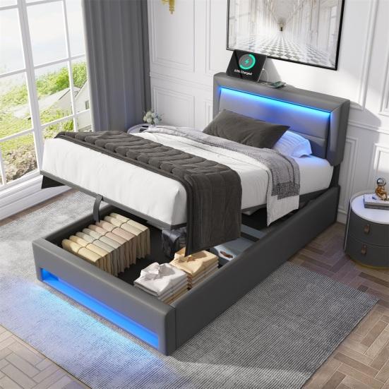 Upholstered Bed Large Storage Space LED Lighting Sturdy Construction Good Load Capacity with USB Ports Modern Upholstered Bed Bedroom