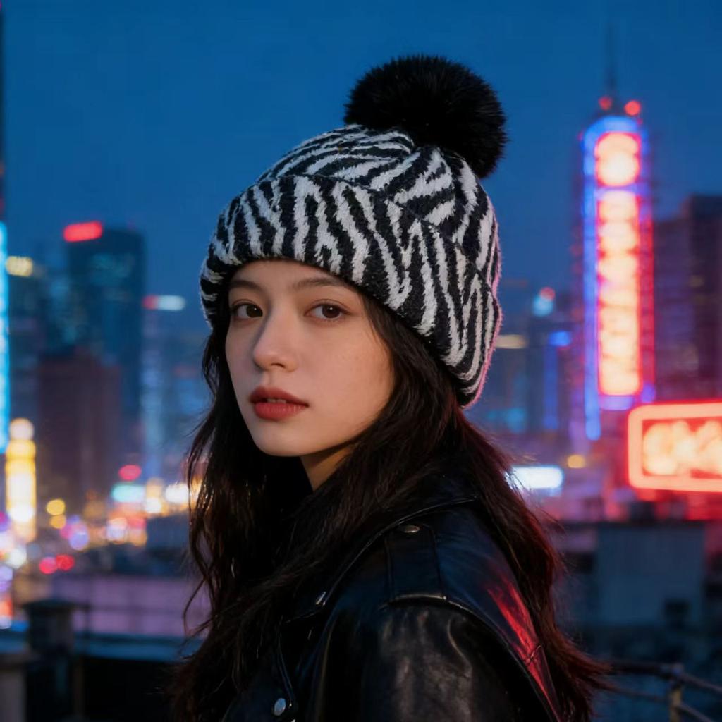Zebra pattern hairball knitted hat women's autumn and winter retro versatile face small wool hat cold-proof warm ear hat