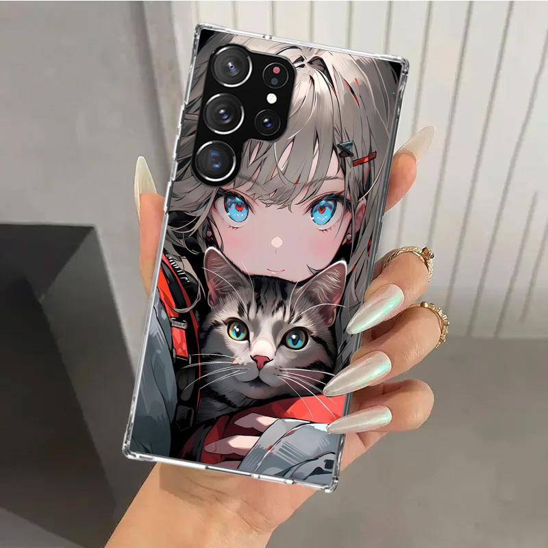 Anime Girls Cute Black Cat Phone Case for Samsung Galaxy S26 S24 S23 Ultra S25 Edge S22 S21 Plus S20 FE + Soft Print Shell Funda