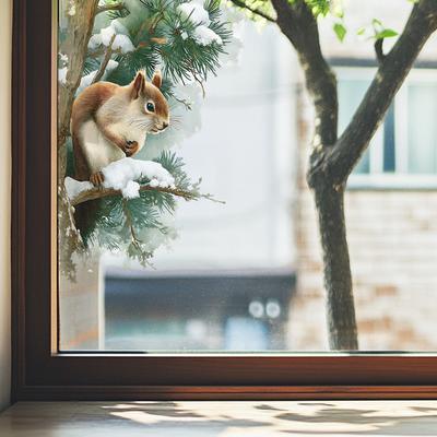 Dekorative Aufkleber für die Glastüren und Fenster des Wohn- und Esszimmers mit Eichhörnchen auf Zeichentrick-Zedern