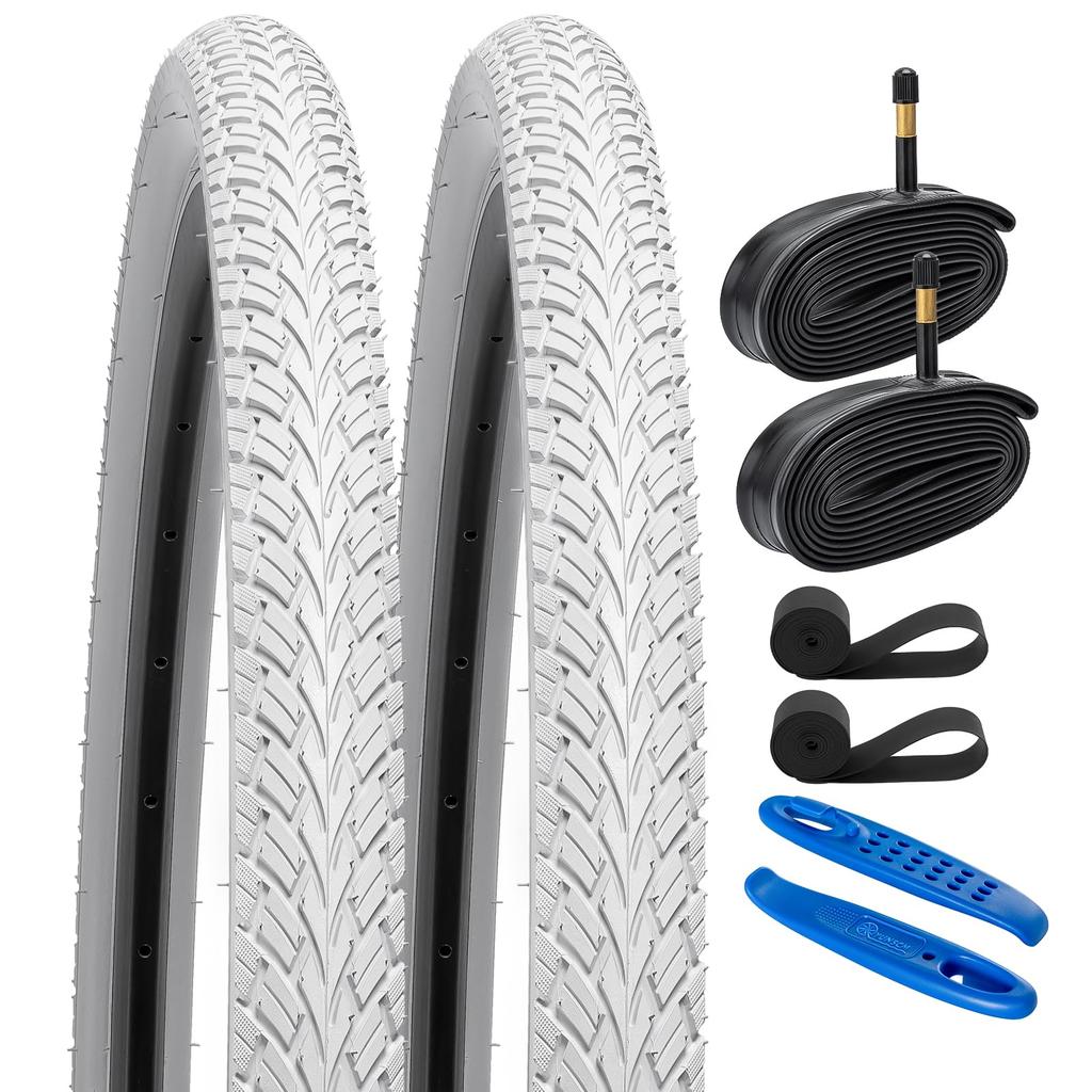 YunSCM Set of 2 700x35c Tires, 37-622 Color Tires, 48mm American Valves, Rim Tape, and Tire Lever Sets, for Road and Cross Bikes, Y-5001 (White)