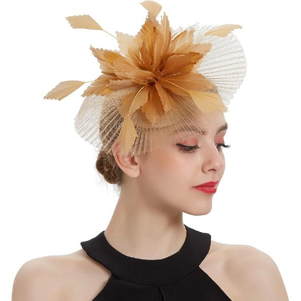 Hemobllo Voile en Maille de Mariée Hauts Chapeau avec Plume, Headpiece en Maille Dorée pour Femmes Mariage Fête du Thé, Accessoire pour Occasion Spéciale