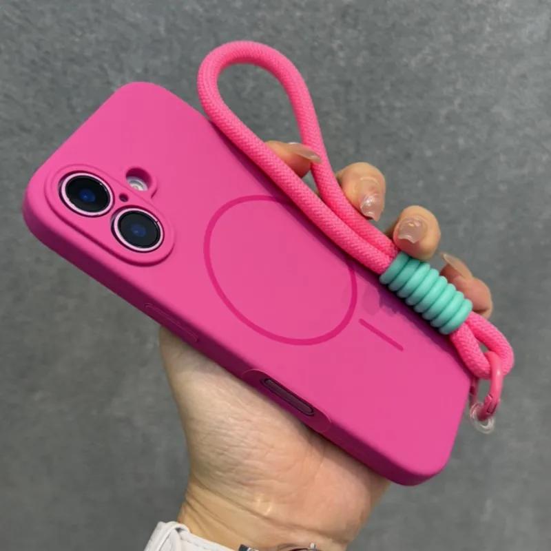 Original Candy Flüssigsilikon Magsafe Hülle für iPhone 17 16 15 14 13 12 Pro Max Weiche Stoßfeste Magnetische Lanyard-Riemenabdeckung