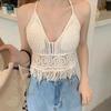 Sommer Crop Top Gestrickte Quaste Spaghetti-Trägern Taille-frei Rückenfrei Dress-up Trägerlosen
