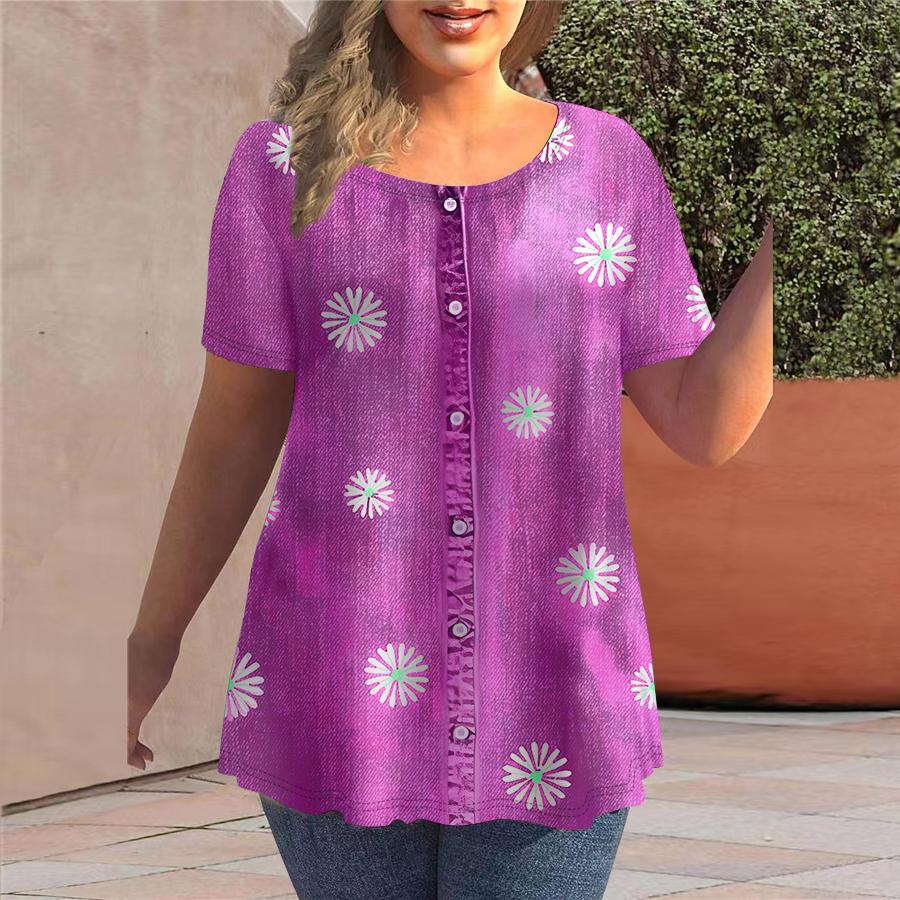 Tricou de vară pentru femei Cowboy Daisy Print Tricouri cu mânecă scurtă Topuri casual imprimate