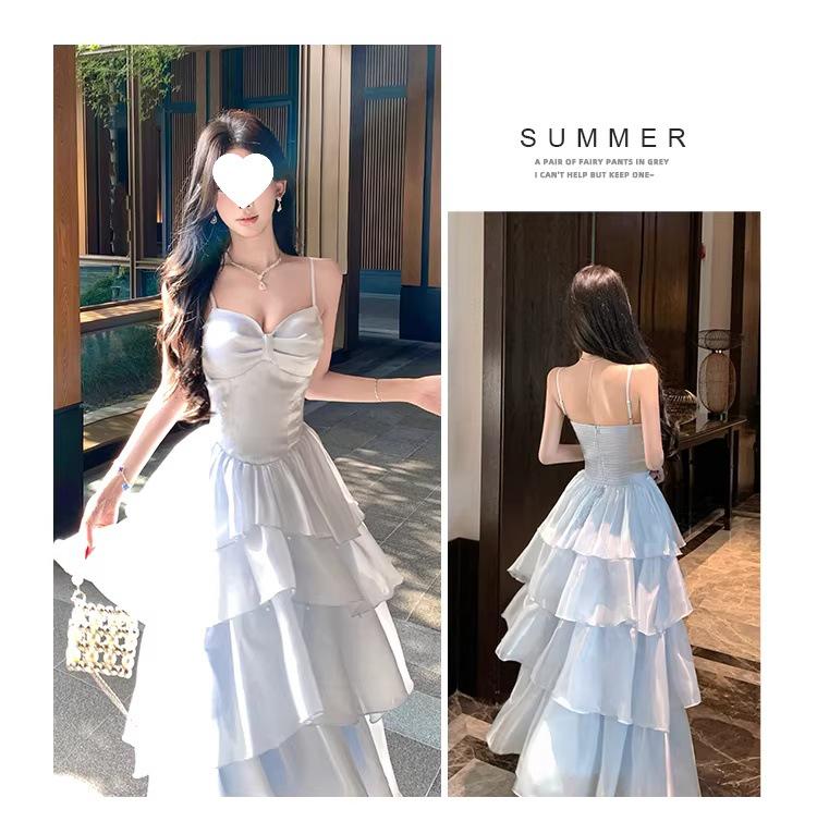 Französisch Blau Glänzendes Camisole Kuchenkleid für den Geburtstag von Mädchen oder den Urlaub am Meer; Taillenbetonend, Schlankmachend, Langes Kleid