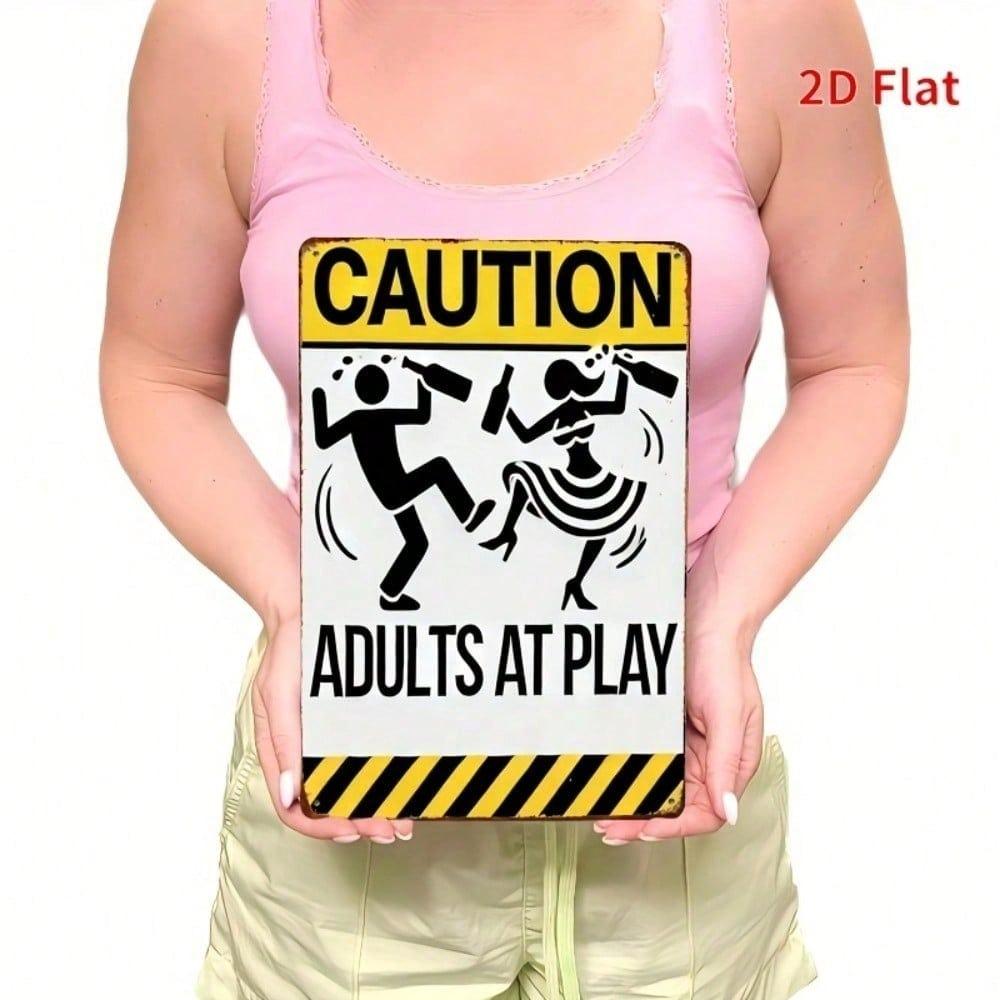 Funny Vintage Metal Wall Sign Adults At Play Caution Silhouette Iron Home Decor 8x12 Inch