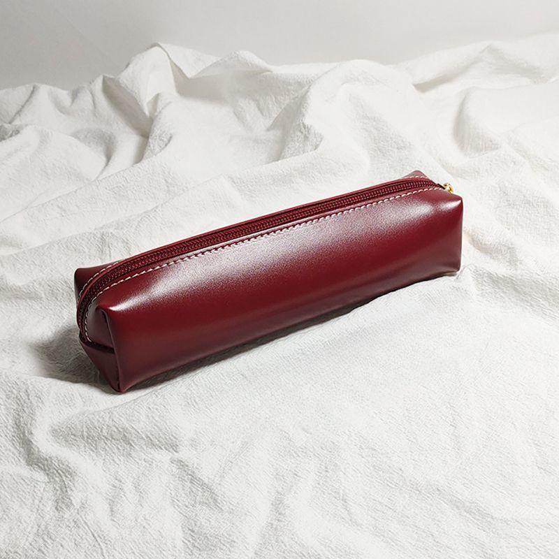 Oily Synthetic Faux Leather Texture Pencil Case - Small Capacity Retro Minimalist School & Office Organizer with Zipper Closure