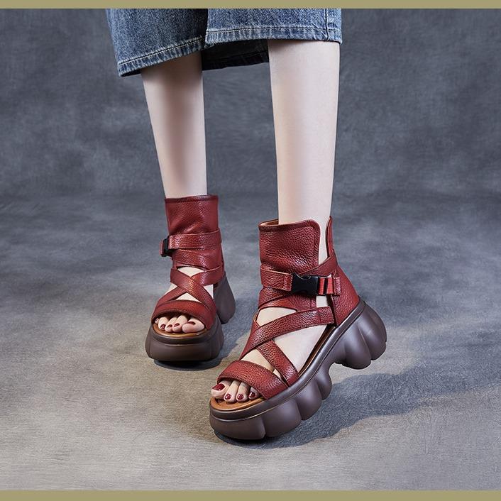 Women's Shoe Toe Layer Cowhide Roman Style Thick Soled Sandals Women's Fish Mouth Buckle Leather Cool Boots