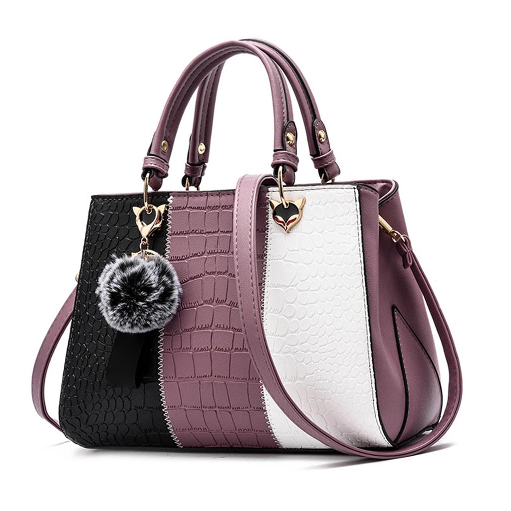 Women Shoulder Bag Stylish Large Capacity Pu Leather Color Block Handbag for Work Daily Purple One Size