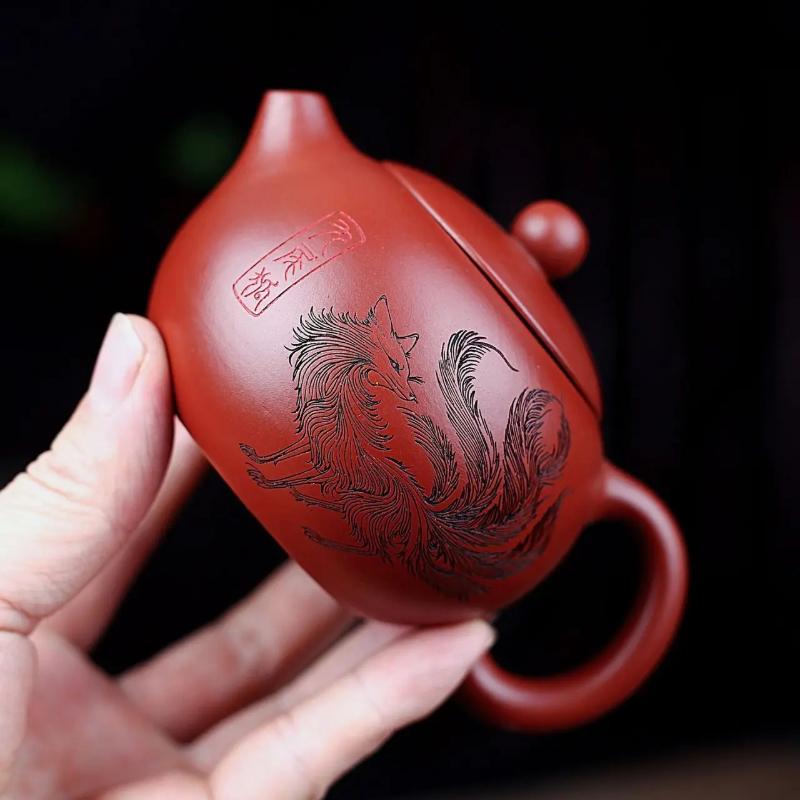 HOYIHM 111ml Yixing Purple Clay Teapots Handmade Nine-tailed Fox Xishi Pot Raw Ore Dahongpao Mud Kettle With Infuser Zisha Tea