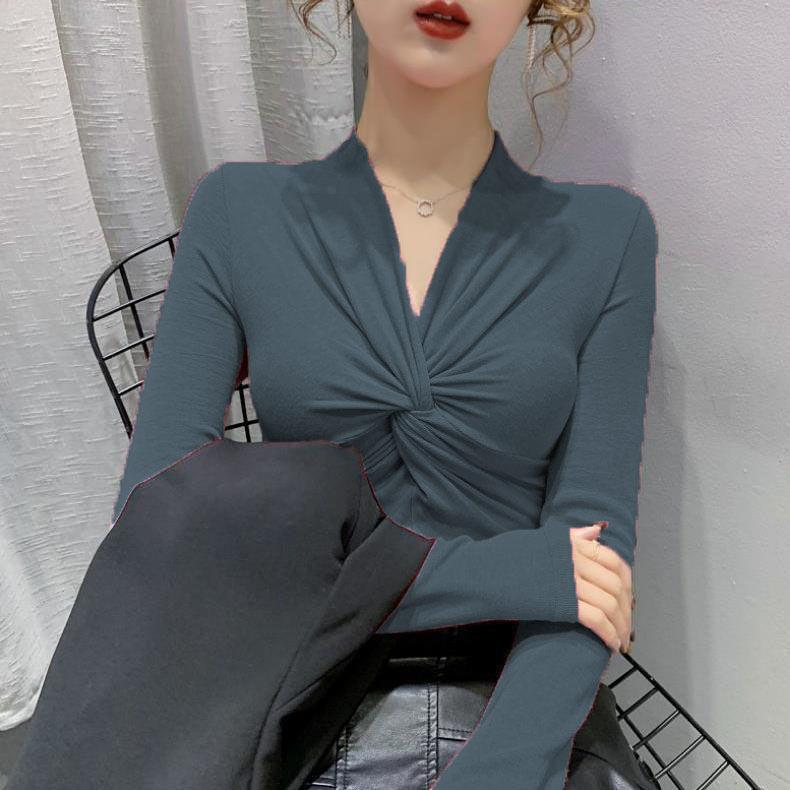 Frühling Herbst Neue Knoten Kragen Top Schlanke Einfarbig Bodenbildung Shirt frauen V-ausschnitt Langarm T-shirt