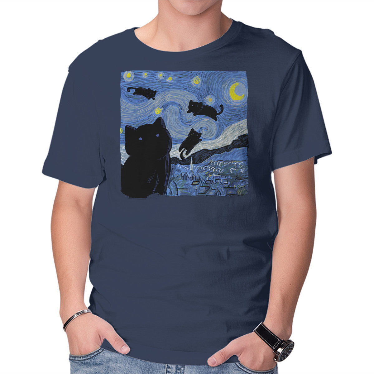 Unisex Crew Neck T-Shirt The Starry Cat Night Graphic Short Sleeve Casual Tee XL