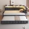 Upholstered sofa bed 90x200cm, LED lighting and storage compartments at head and foot end, equipped with USB and Type-C ports. Velvet fabric dark grey
