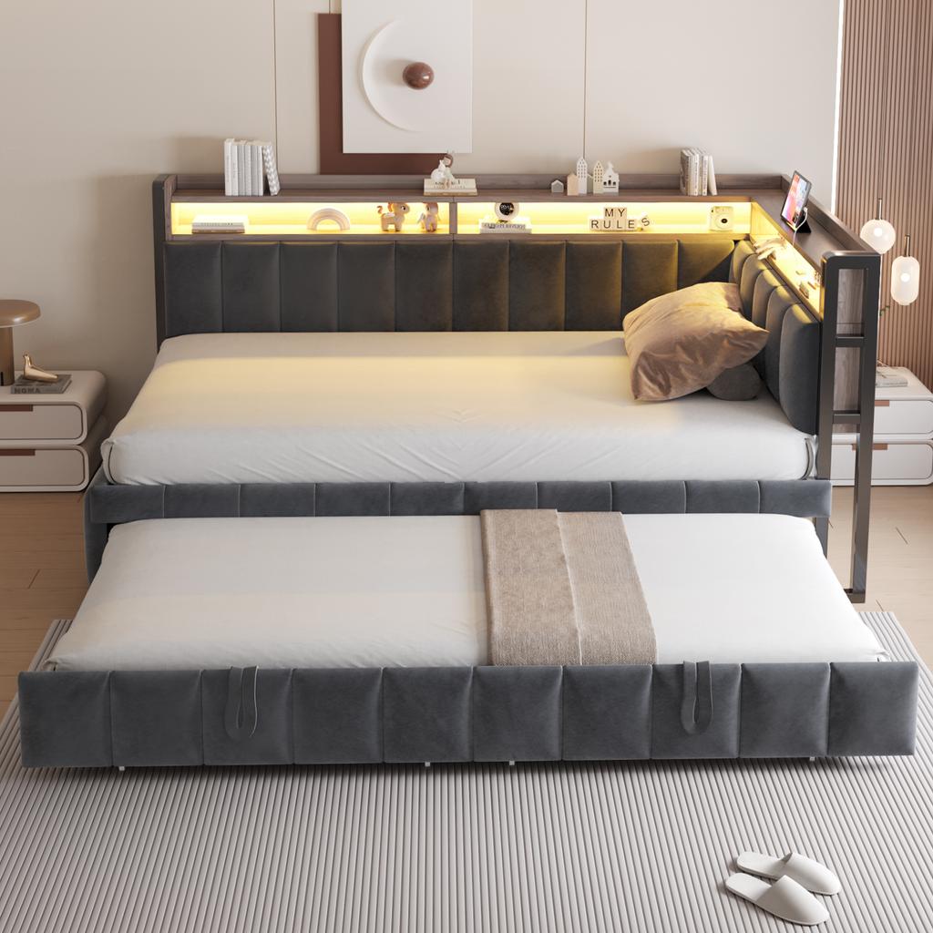 Upholstered sofa bed 90x200cm, LED lighting and storage compartments at head and foot end, equipped with USB and Type-C ports. Velvet fabric dark grey