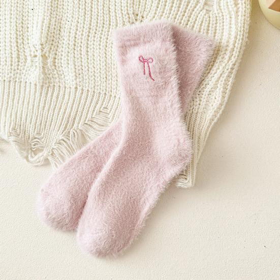 Women Fuzzy Socks Cute Embroidered Bow Knot Thick Socks Fluffy Warm Cozy Socks for Girls Winter Home Indoor Lounging Sleeping