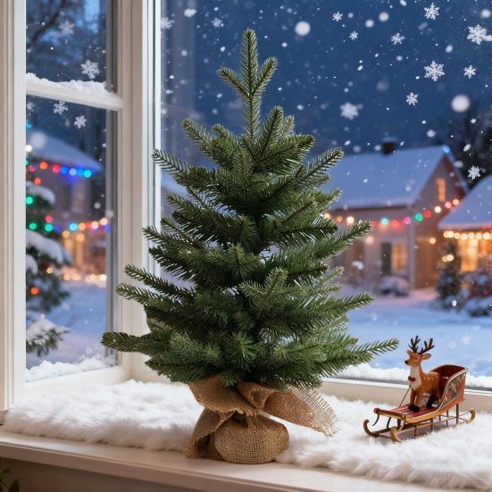 Artificial Mini Christmas Tree Small Xmas Pine Tree with Burlap Base Tabletop Green/Snow Flocked Christmas Tree for Indoor Table Centerpiece