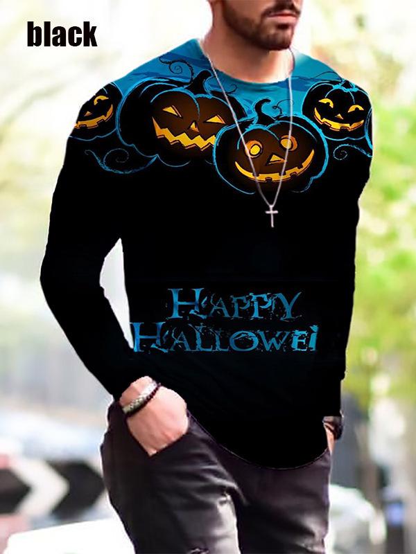 Spring and Autumn Round Neck 3D Halloween Funny Pattern Printed Top Fashionable Casual Long Sleeved Men's T-shirts