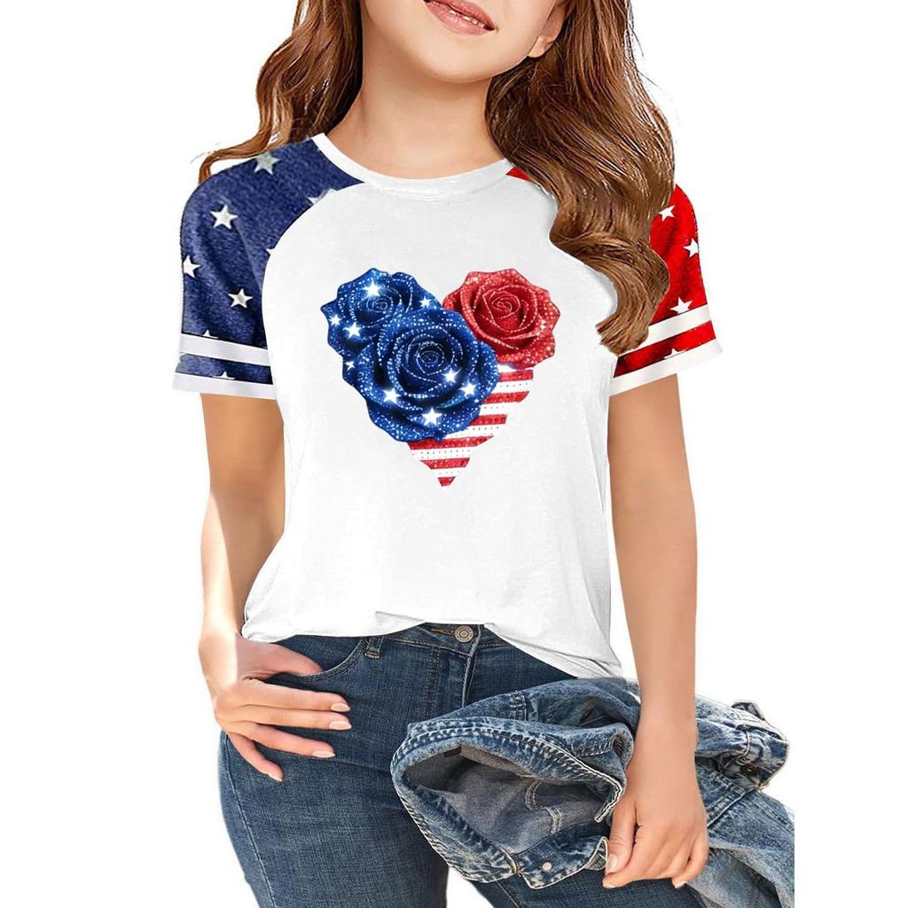Kids Independence Day T-Shirt USA Print Short Sleeve Casual Crew Neck Top Patriotic Graphic Tee for Boys Girls Summer Wear