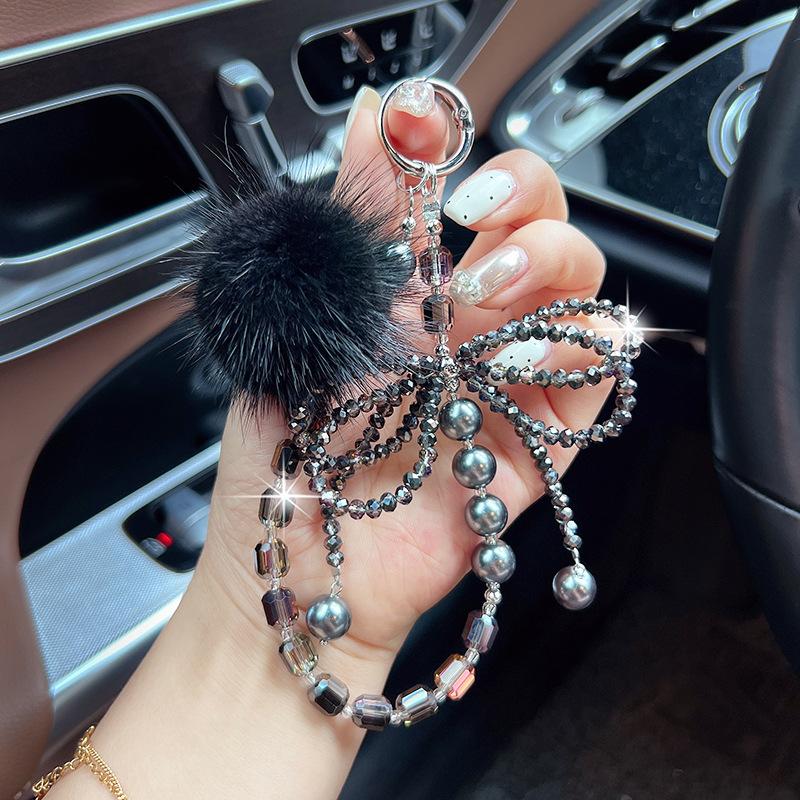

New Mink Fur Crystal Bow Bead String Car Keychain Fashionable Mobile Phone Pendant Creative Bag Decoration чорний