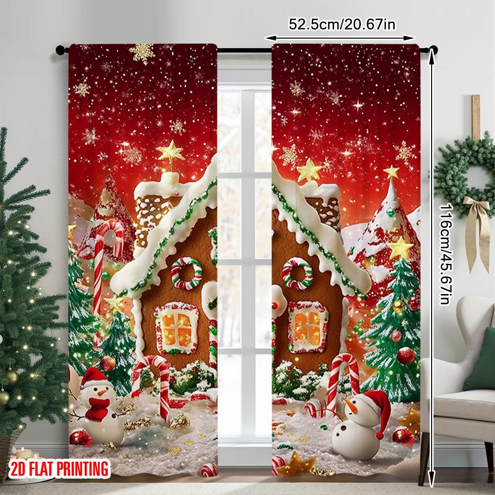 2pcs 2D Flat Printing Christmas Curtains Merry Christmas Gingerbread House with Santa Tree Lollipop Party Versatile Fabric