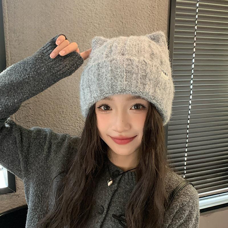1Pc Cat Ear Knitted Beanies, Cute Winter Warm Wool Hats For Women, Korean Style Fashion Headwear
