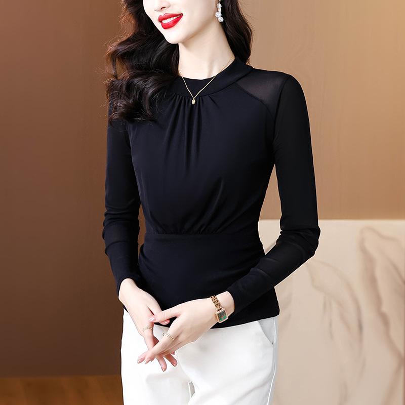 Half Turtleneck Mesh Base Shirt for Women's Autumn New Style Waist-hugging and Slimming Inner Pullover Long-sleeved T-shirt Top