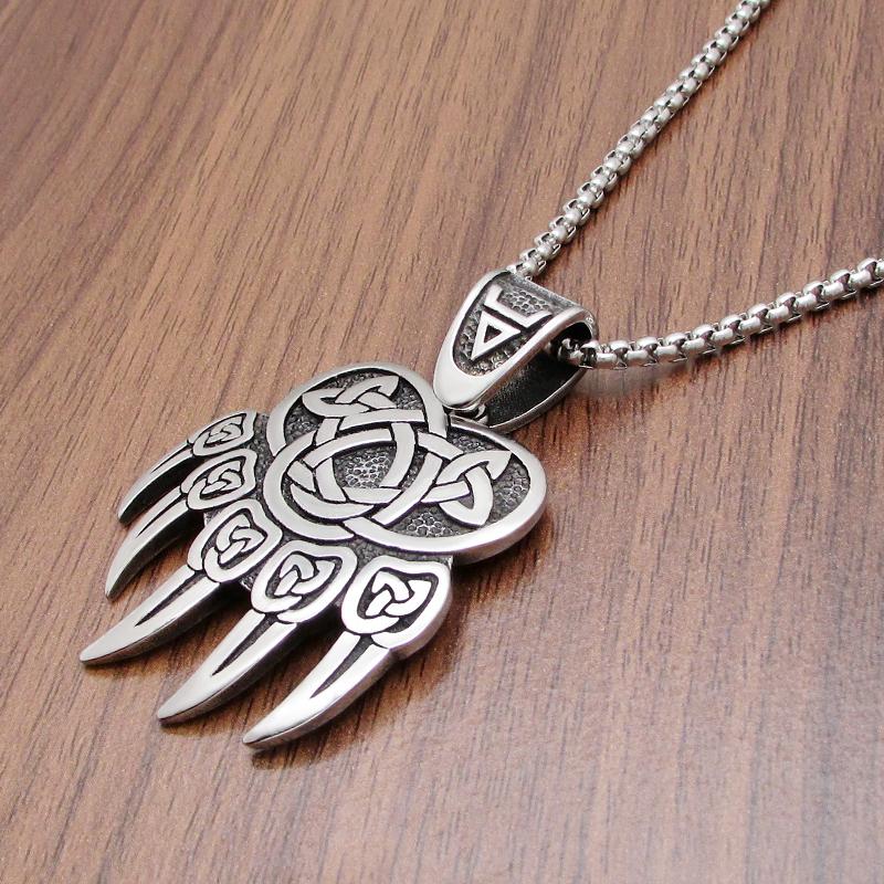 Vintage Celtics Knot Viking Silver Color Stainless Steel Bear Claw Pendant Necklace Nordic Amulet Jewelry