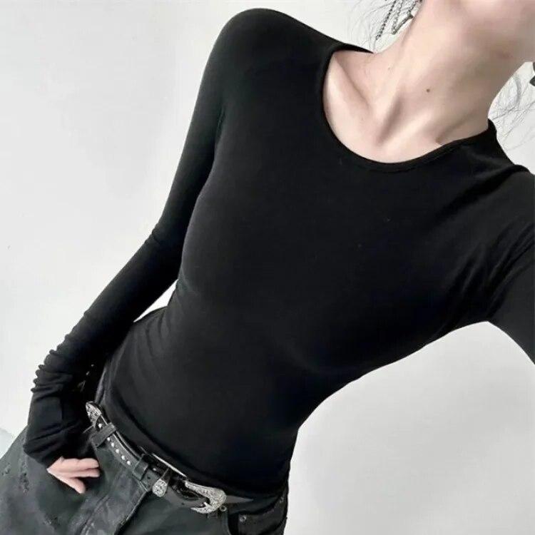 Black Retro Angel Print T-shirt for Women 2026 Autumn Fashion Slim Fit Tee Shirt Y2k E-Girl Long Sleeve Bottoming Tops Mujer