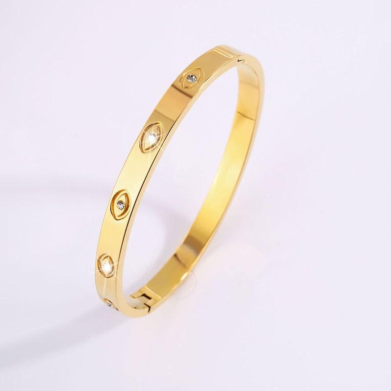 Exquisite Evil Eye Zircon Inlaid Stainless Steel Fashion Beaded Bracelets Radiant Gold Tone Bangle