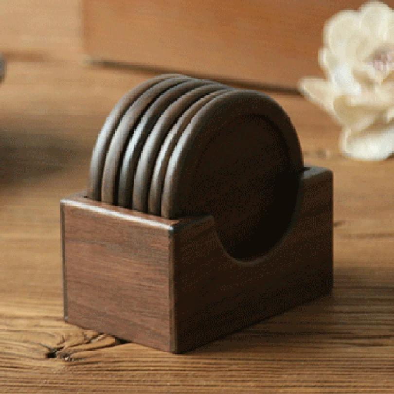 1/6 Stück Walnuss Holz Untersetzer Set Dekorative Runde Tischmatte Hitzebeständiges Pad Japanische Getränkeuntersetzer Heimdekor
