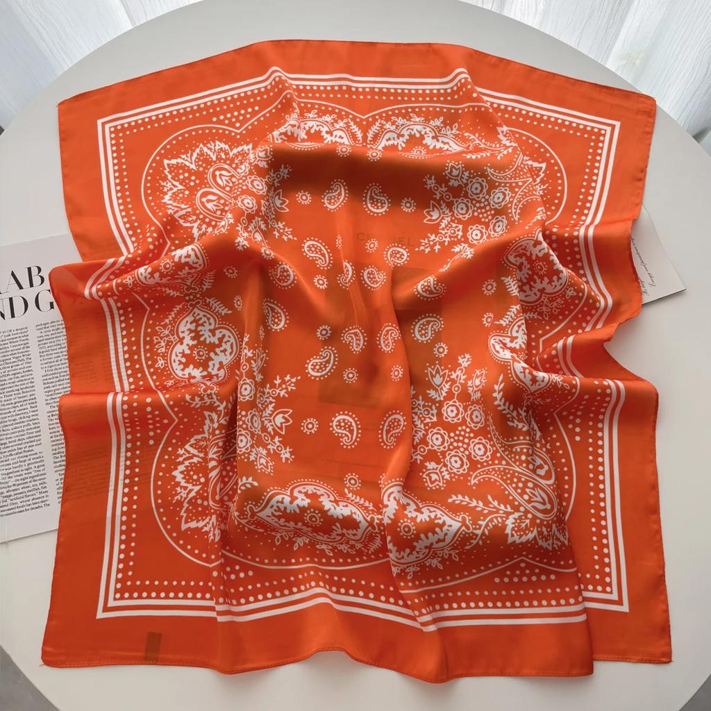 New Elegant Orchid Print Shawl Square Scarf for Women Soft Satin Neckerchief Female Hair Bands Ribbon Headband Bandana