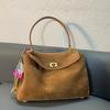 Rodeo Suede Leather Tote Bag Women Large Capacity Commuter Shoulder With Snap Lock Minimalist Matte Finish