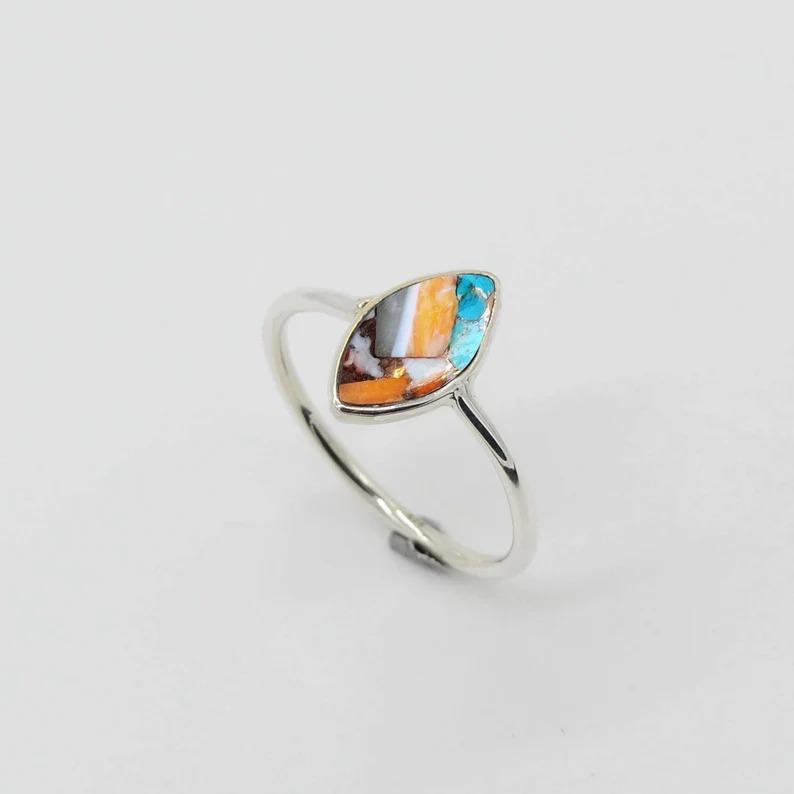 Oyster Copper Turquoise Marquise Ring, Handmade Ring, 925 Sterling Silver Ring, Bezel Ring, Stacking Ring