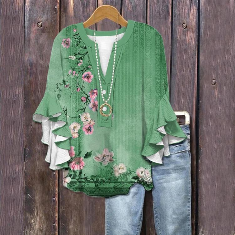 Süße Sommeroberteile mit Blumendruck für Damen V-Ausschnitt 3/4 Ärmel Lässige Blusen Hemden