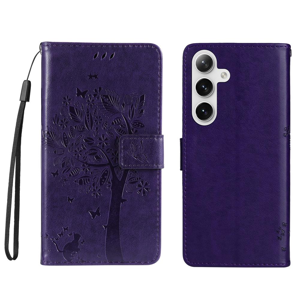 For Samsung Galaxy S25/Galaxy S24 Phone Case with Stand Cat Tree Pattern Leather Wallet Mobile Cover