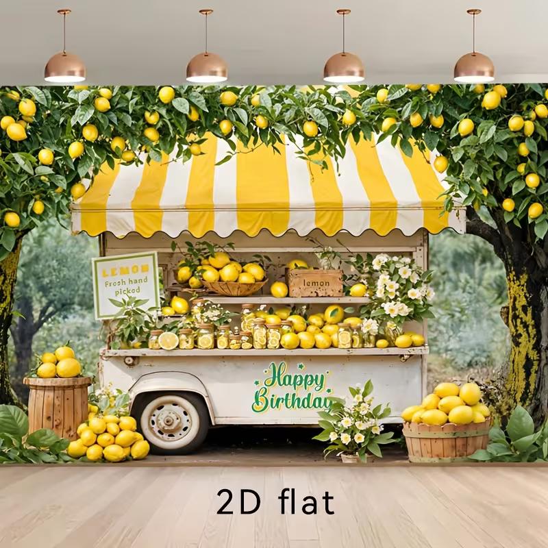 2D Lemon Truck Birthday Backdrop, Yellow Lemonade Cart Party Photo Booth Background Banner
