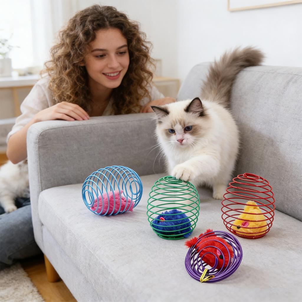 Interaktives Katzenspielzeug, Federkäfig mit Plüschmaus, Selbstspielzeug für Wohnungskatzen, Zufällige Farbe